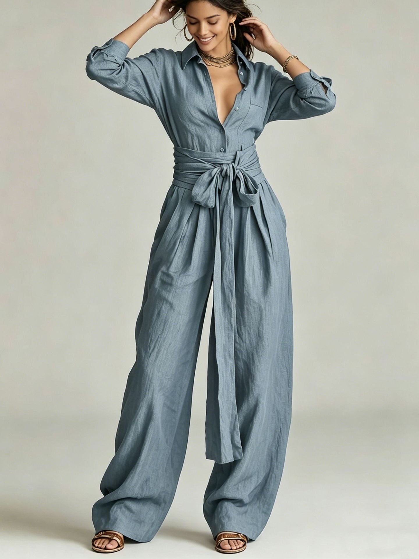 Women's Linen-Look 2-Piece Resort Set | Casual Button Shirt & Wide Leg Pants Suit