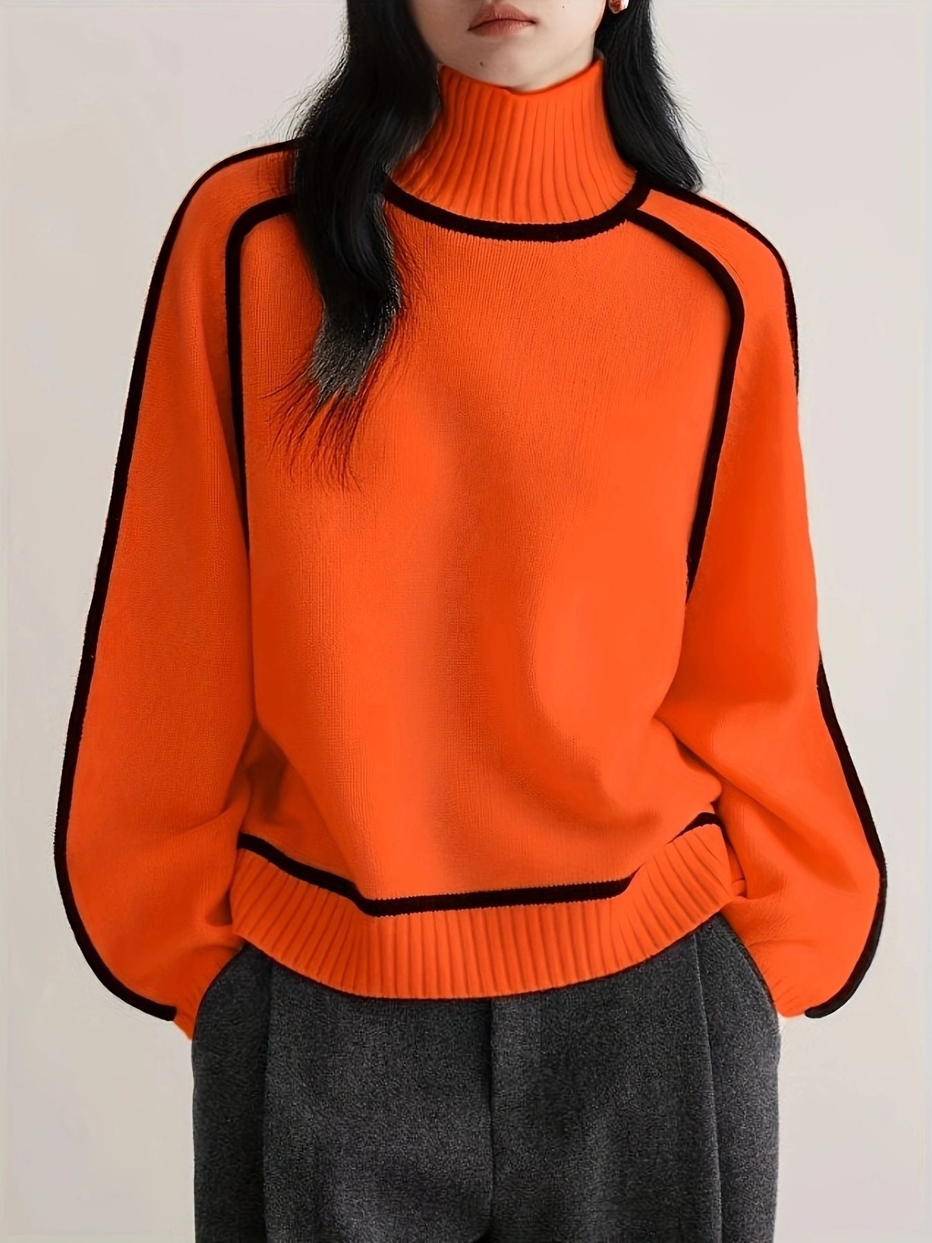 Elegant Raglan Sleeve Mock Neck Sweater - Contrast Piping Ribbed Knit Base Layer Top