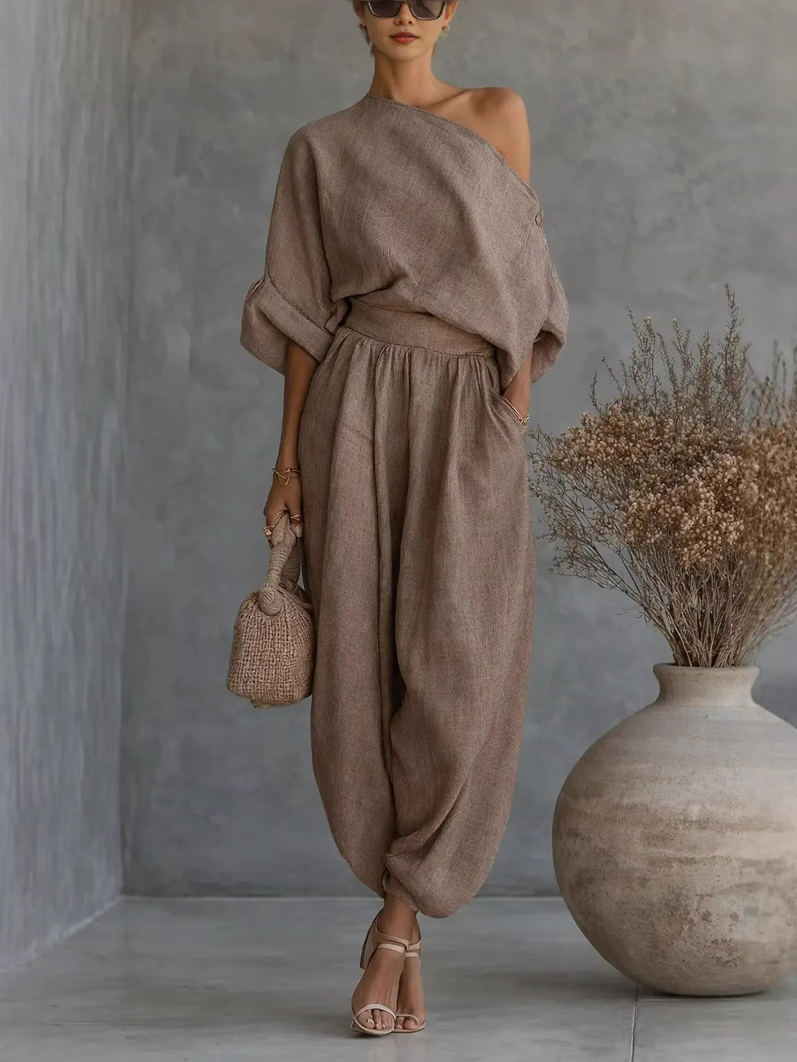 PromiseGift 2-Piece Linen Cotton Resort Set | Off-the-Shoulder Blouse & Oversized Tapered Trousers