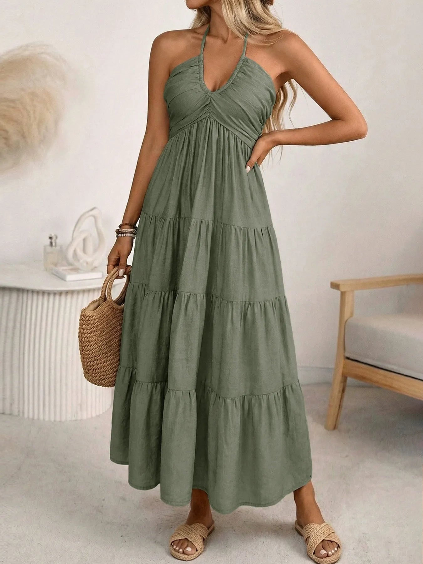 Bohemian Halter Neck Backless Maxi Dress - Ruched V-Neck Tiered Summer Beach Resort Long Sun Dress