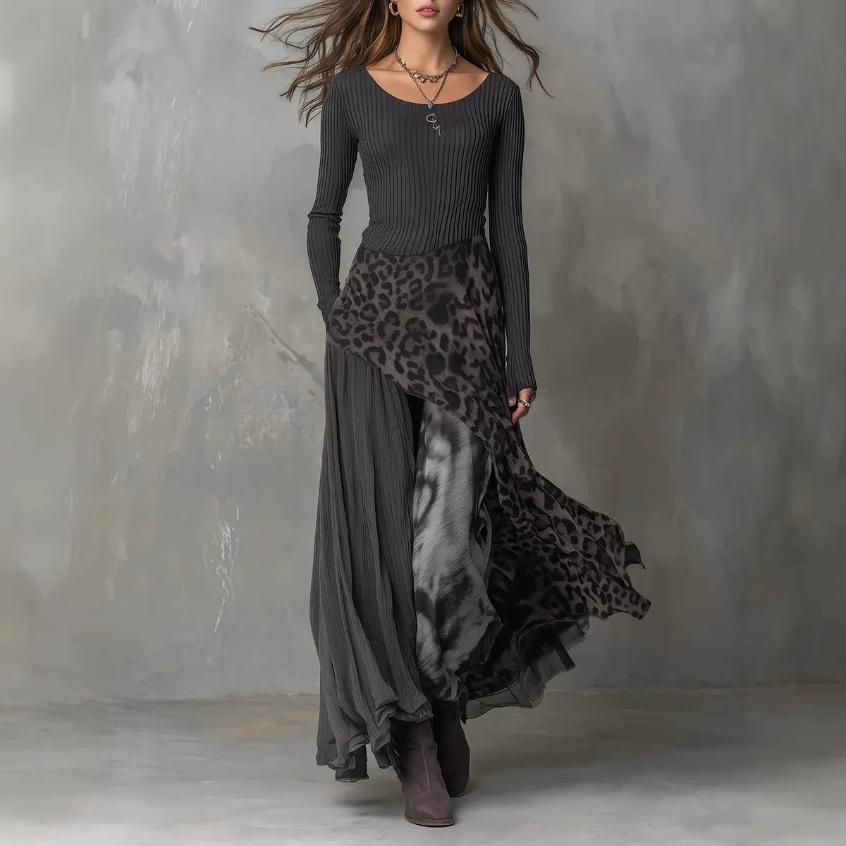 Ribbed Knit Splice Long Dress | Elegant High Waist Asymmetric Leopard Holiday Dress