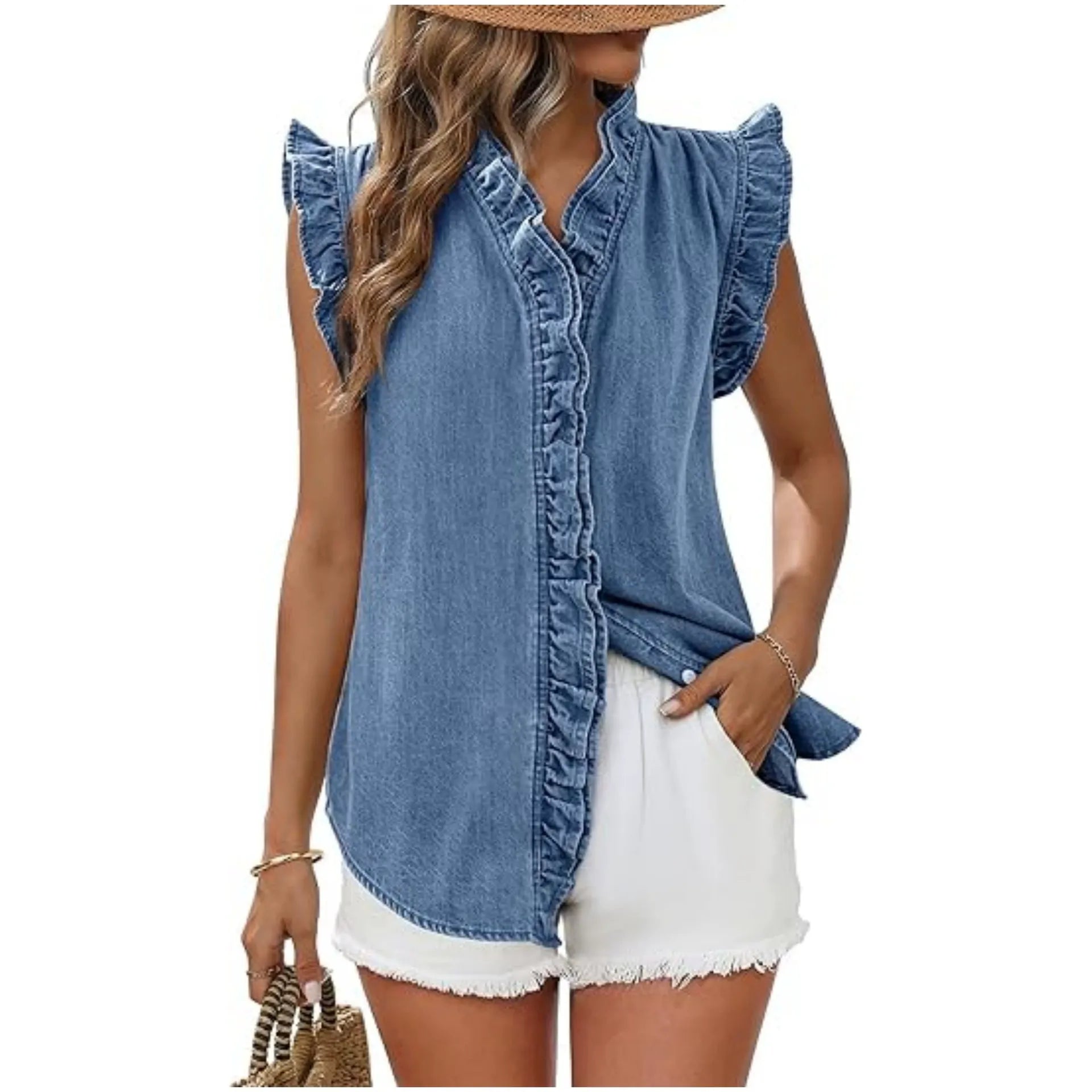 Women's Ruffle Sleeveless Denim Shirt | Casual Washed Blue Jean Tank Top with Frill Trim V-Neck