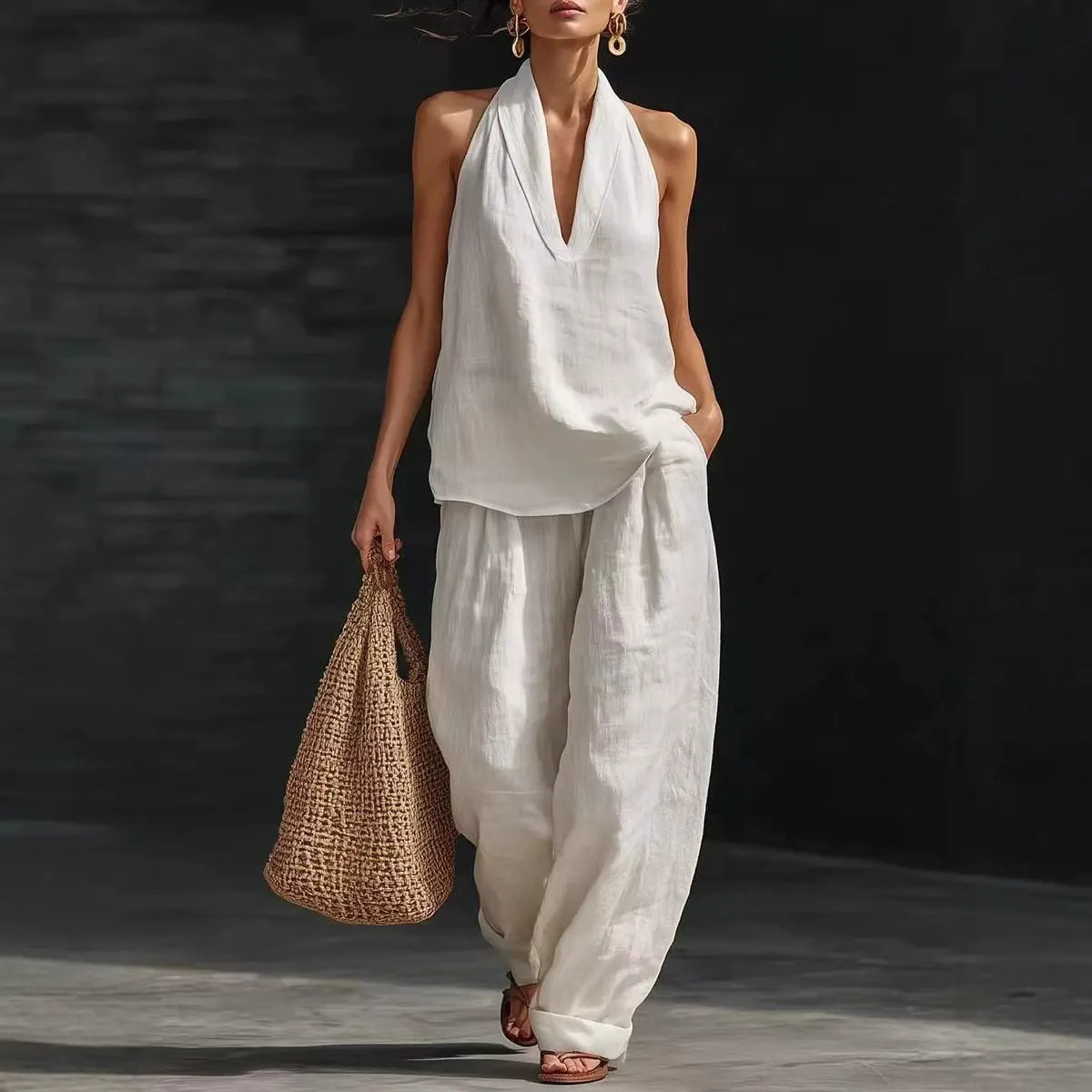 Ensembles deux pièces en mélange de lin pour femmes – Haut court licou sexy à col en V profond et pantalon large lanterne, ensemble coordonné décontracté pour les vacances d'été