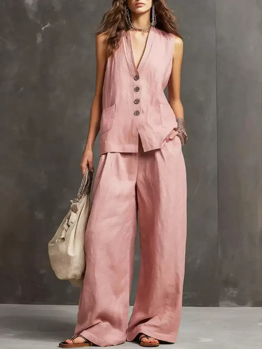 Ensemble chic coordonné d'été pour femme – Gilet en lin rose poudré et pantalon palazzo fluide, tenue de villégiature élégante deux pièces