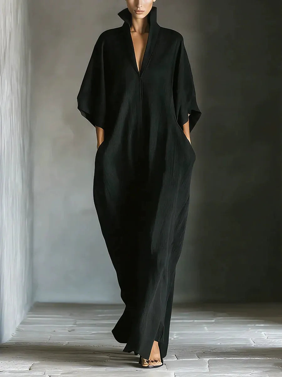 Elegant Stand Collar V-Neck Kaftan Dress - Loose Fit Half Sleeve Maxi Long Dress with Pockets