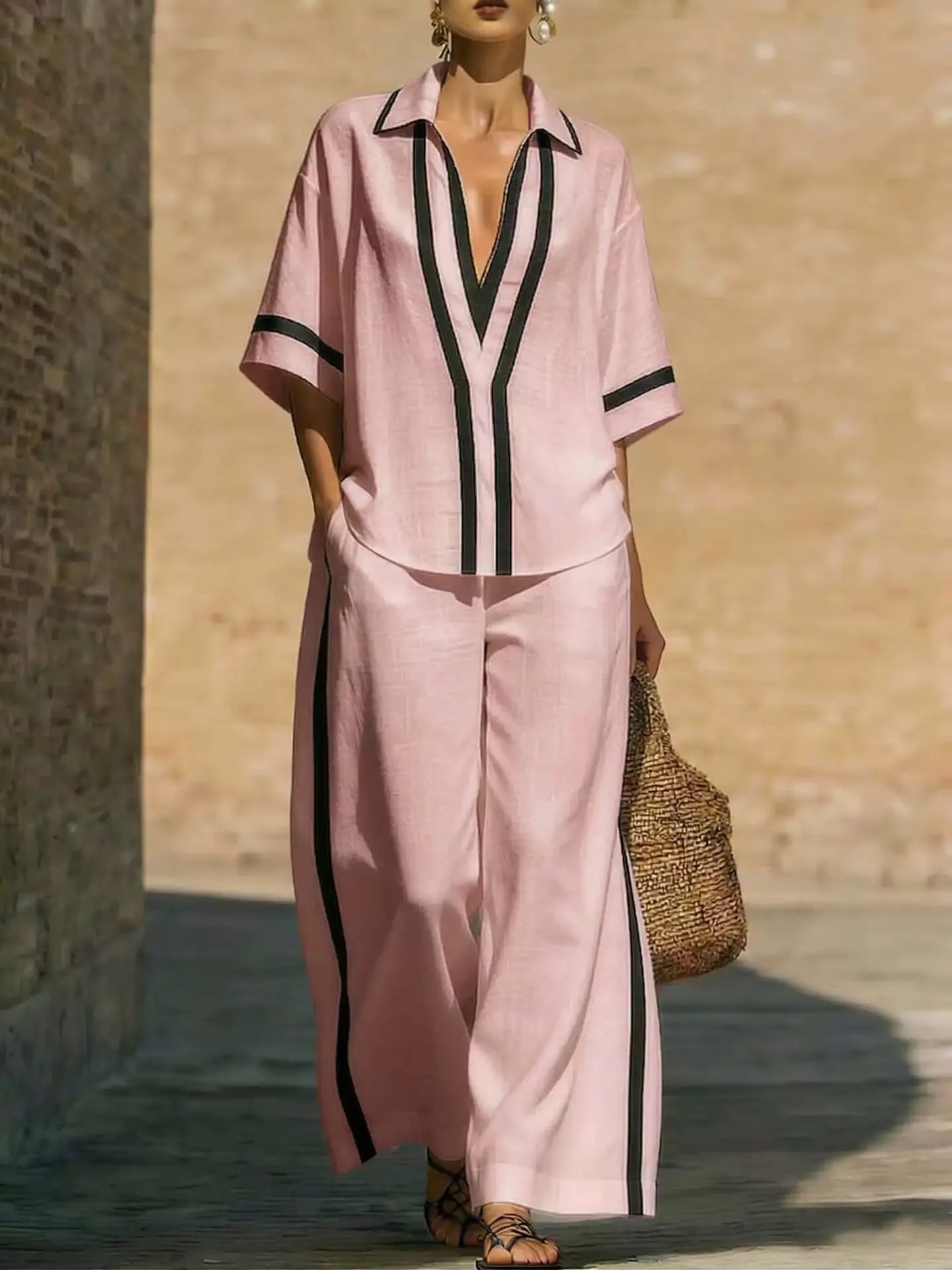 Ensemble d'été chic style marin pour femme – Tunique color block col V & pantalon palazzo fluide à rayures latérales, tenue 2 pièces de plage et resort