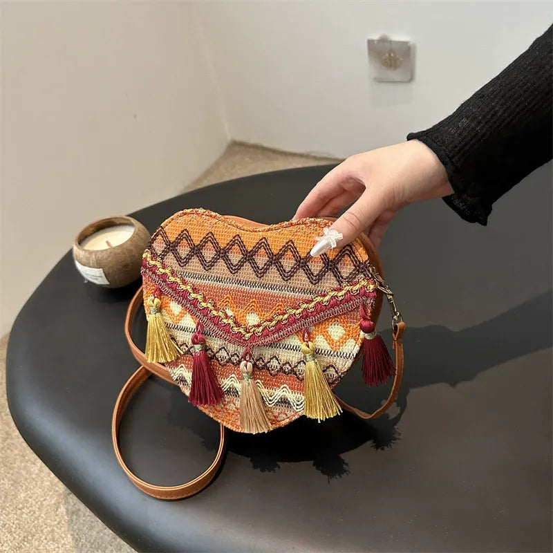 Bohemian Heart-Shaped Woven Crossbody Bag - Vintage Aztec Tribal Beach Purse with Tassels for Women