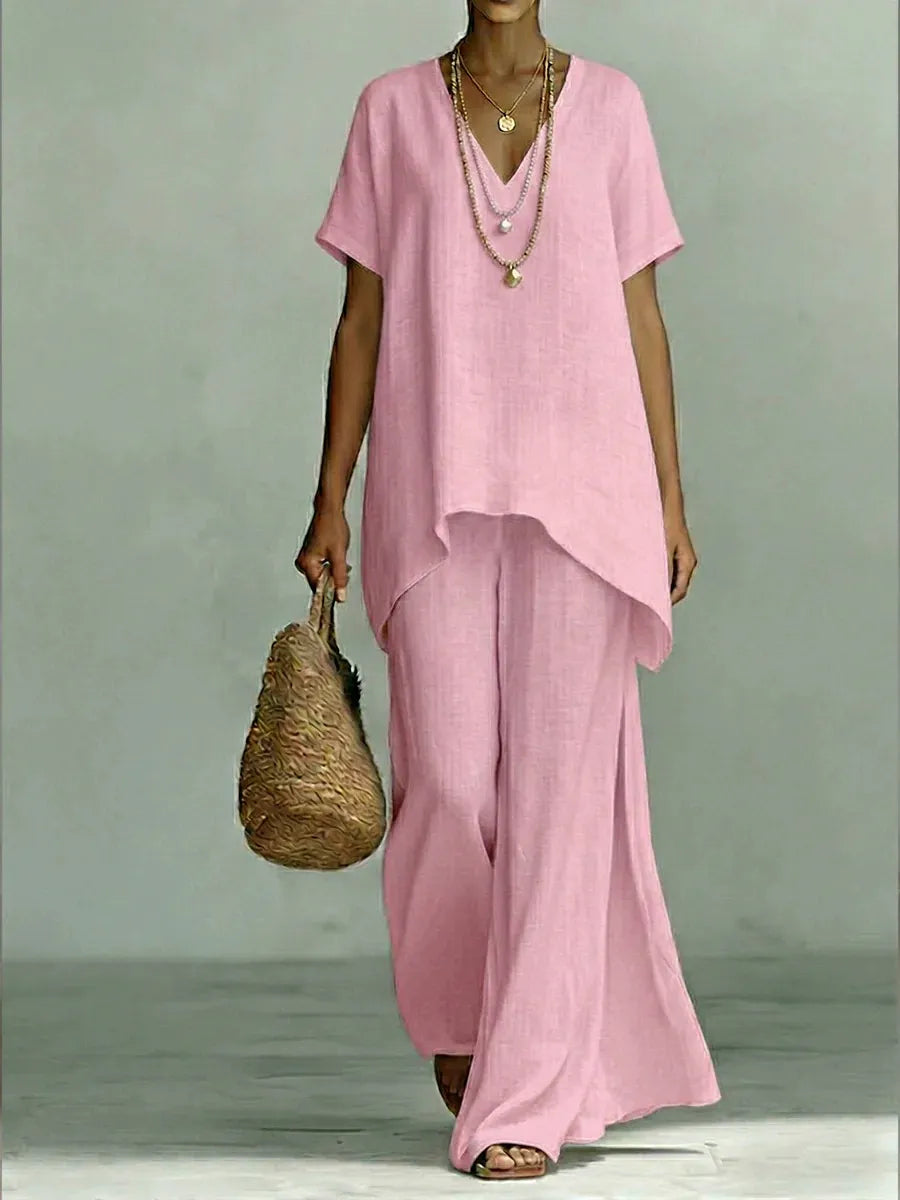 Ensemble d'été minimaliste bleu ciel pour femmes – Tunique chic à ourlet irrégulier et pantalon palazzo fluide, tenue de villégiature légère 2 pièces