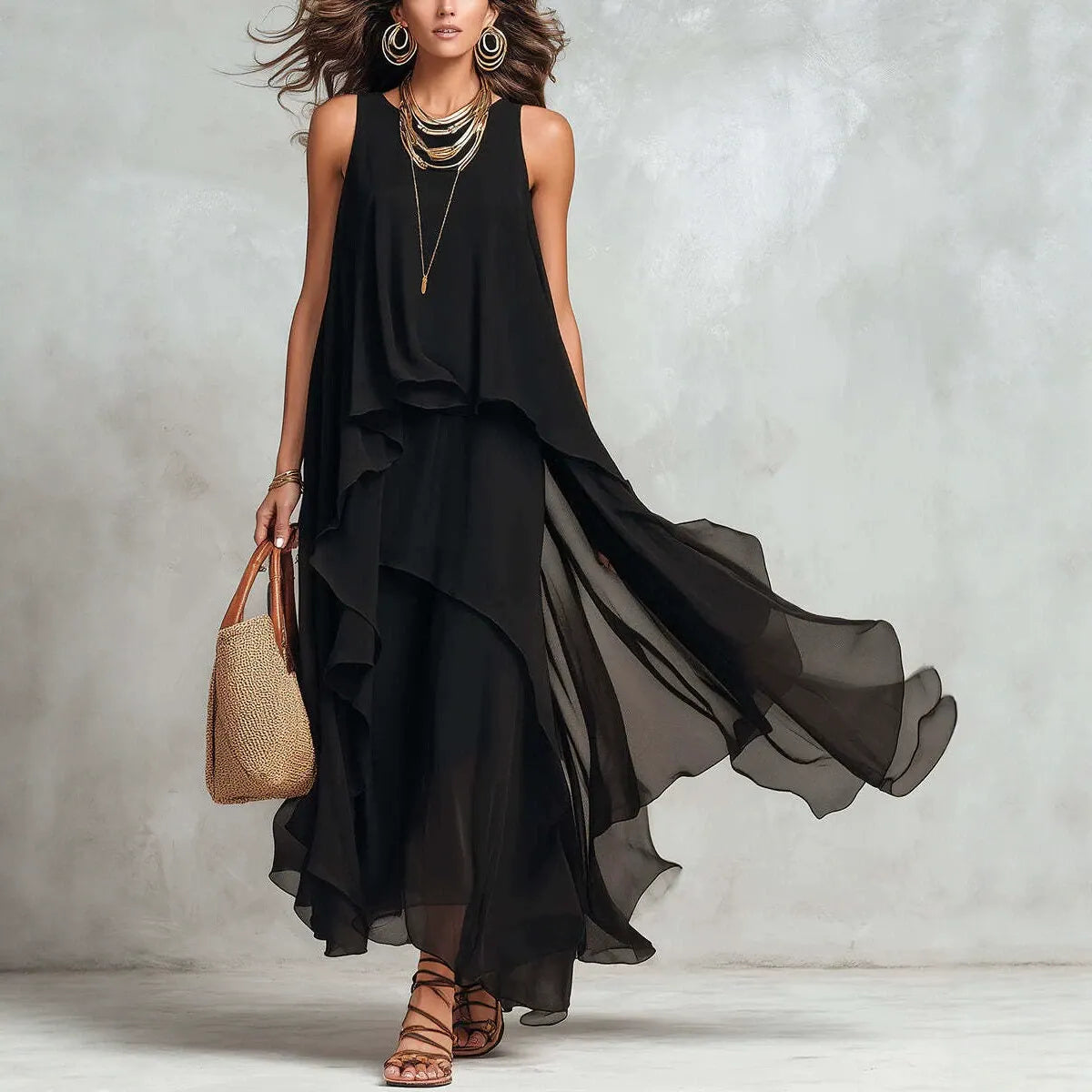 Robe longue de vacances vaporeuse à volants – Coupe ample et légère, style sophistiqué