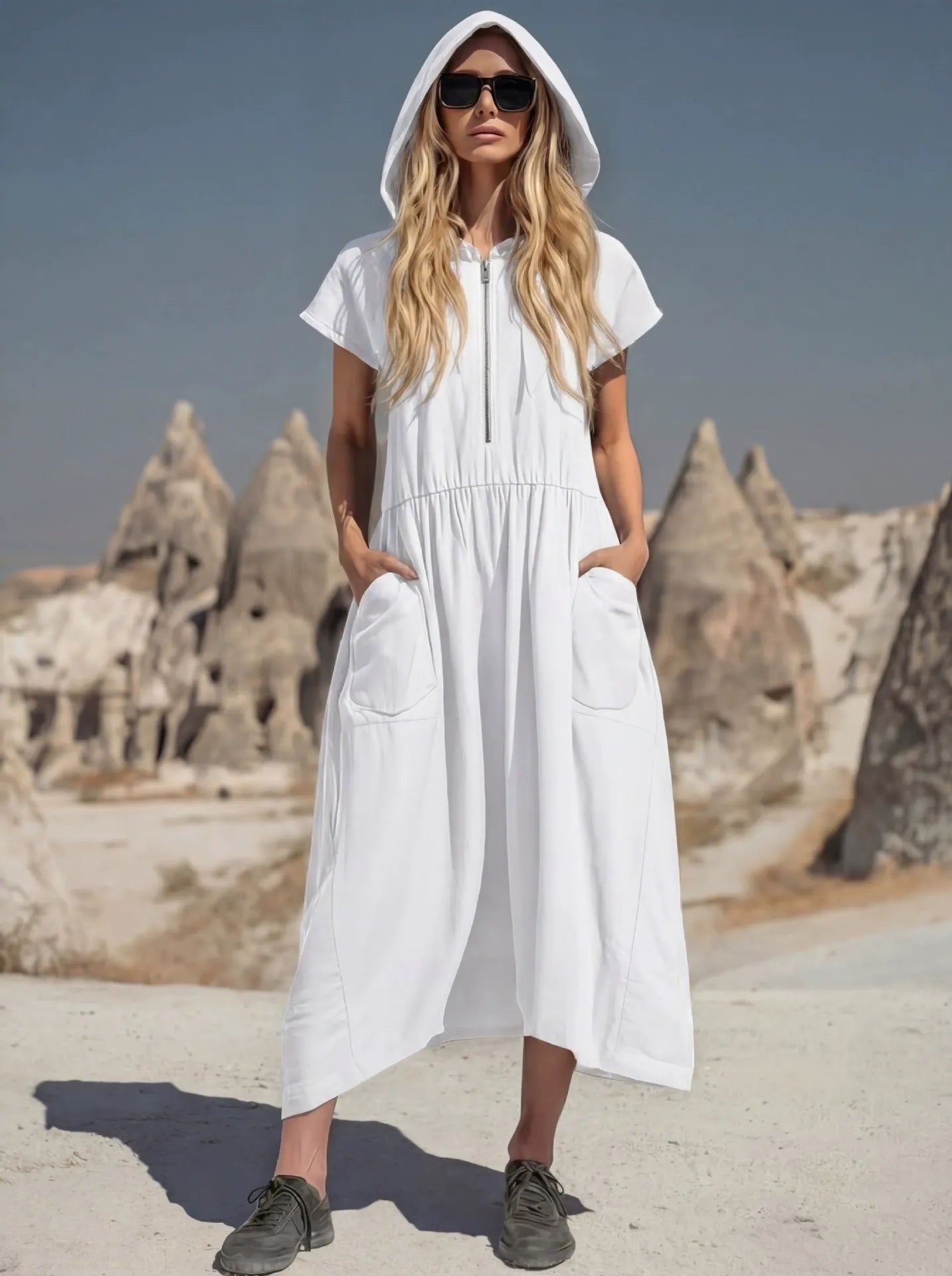 Women's Hooded Maxi Dress - Casual Short Sleeve Zipper Loose Long Dress