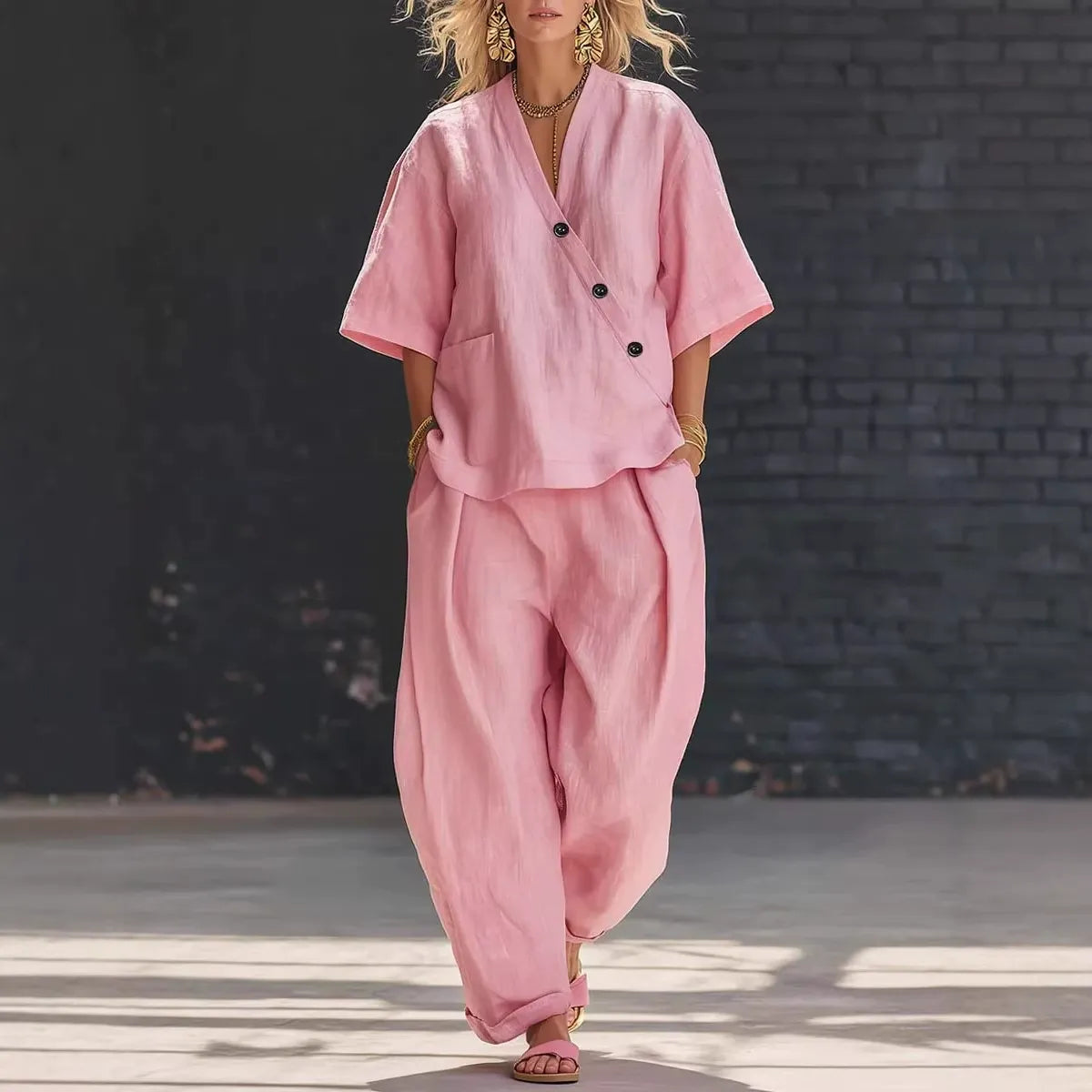 Ensembles deux pièces en lin pour femme – Haut asymétrique à manches courtes boutonné et pantalon ample coupe sarouel, ensemble coordonné décontracté d'été