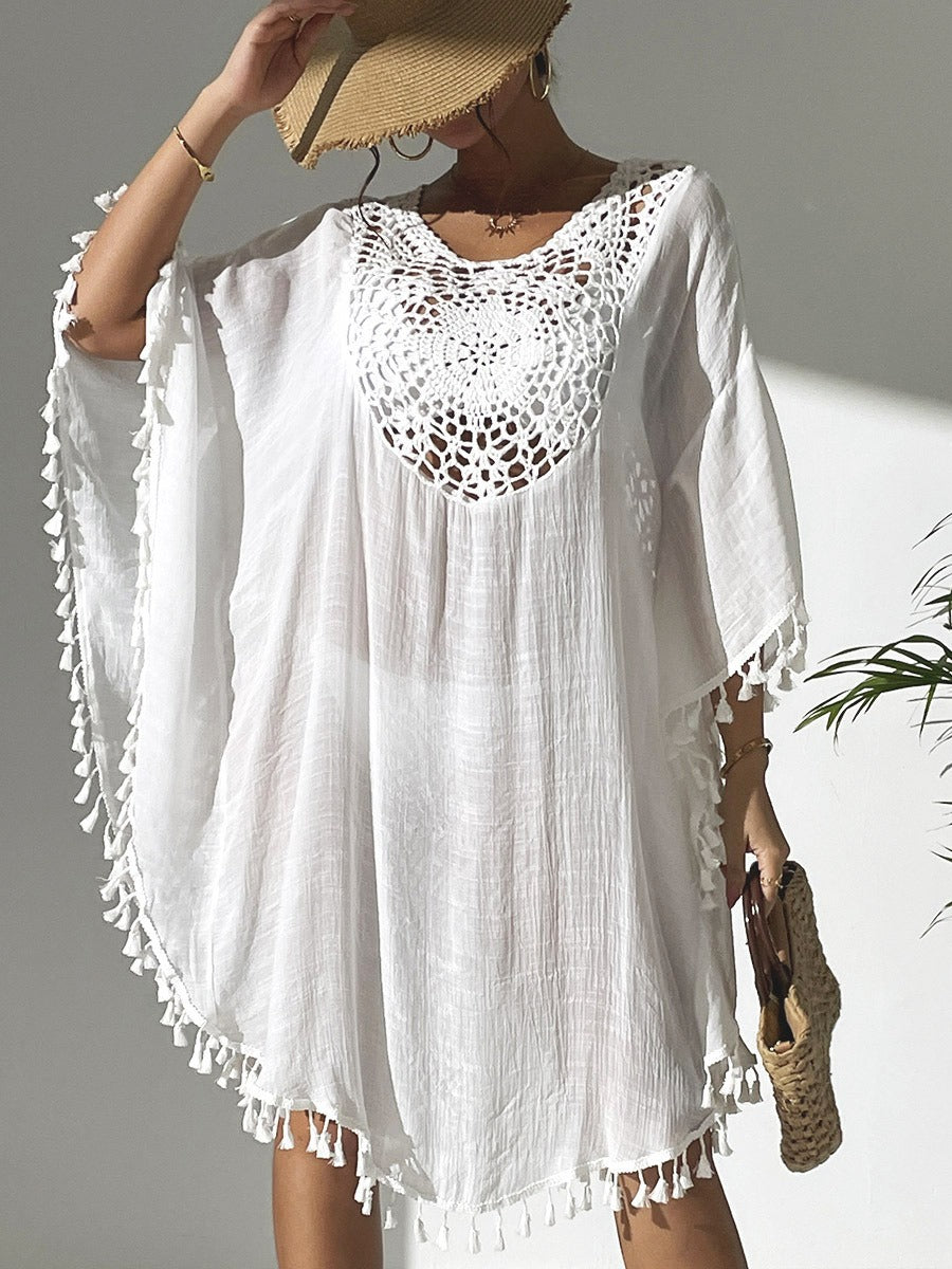 PromiseGift Caftan bohème en crochet et dentelle - Cache-maillot de plage blanc à pompons