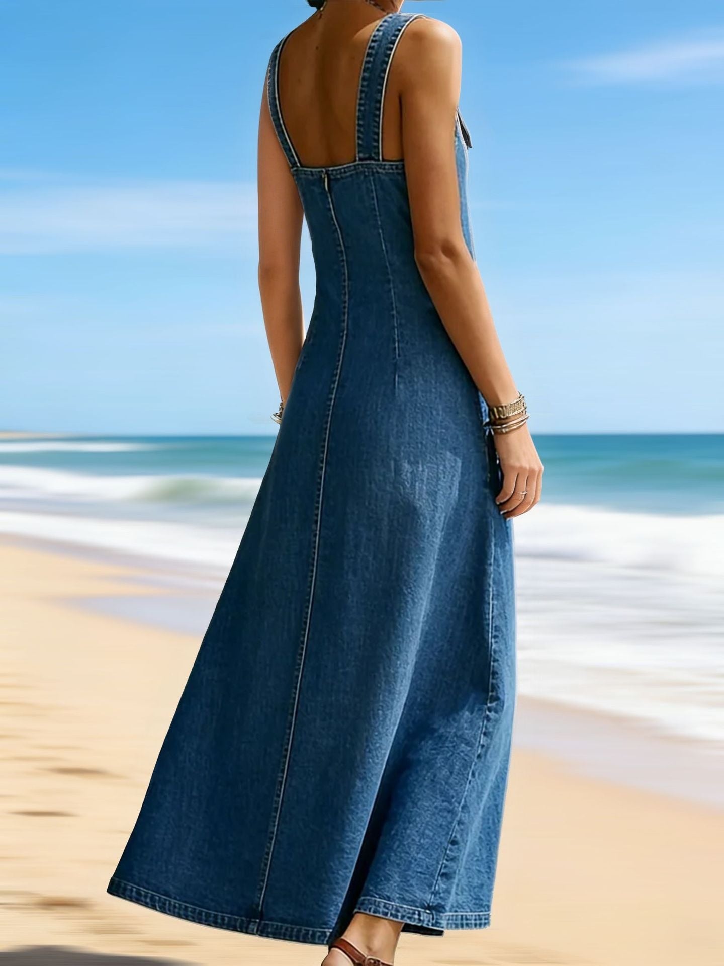 Vintage French Style Denim Pinafore Dress for Women - Elegant Loose Fit Beach Vacation Sundress