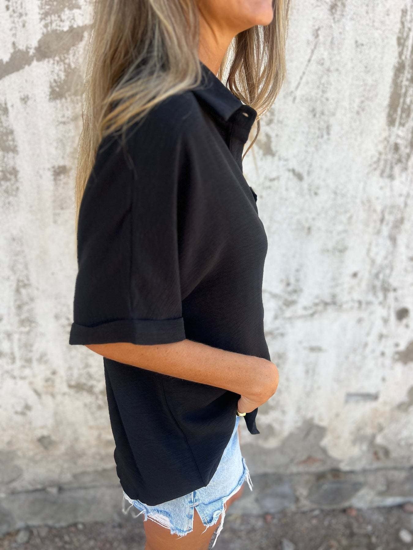 Casual V-Neck Button-Up Top | Breathable Summer Linen-Blend Shirt with Cuffed Sleeves