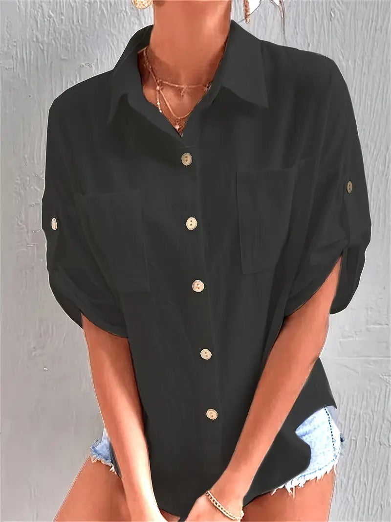 Casual Linen Blend Button-Down Shirt - Loose Fit Roll-Up Sleeve Blouse with Pockets