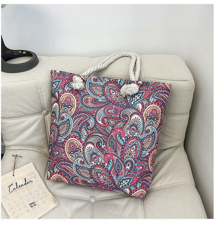 Bohemian Paisley Print Canvas Beach Tote Bag - Large Capacity Summer Vacation Travel Handbag with Rope Handles