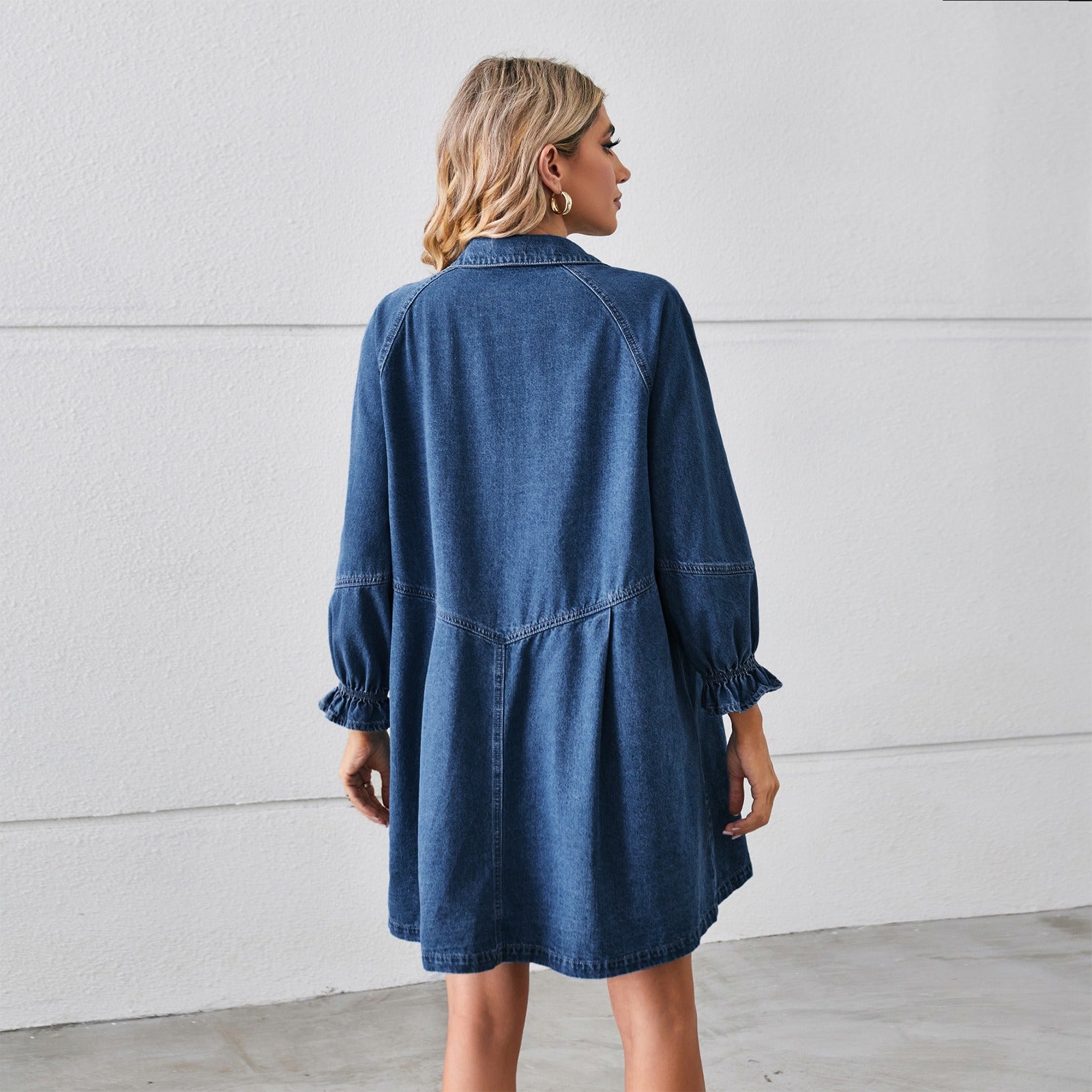 Women's Loose Washed Denim Mini Dress | Long Sleeve Ruffle Cuff Pleated Jean Dress