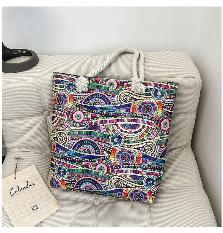 Bohemian Paisley Print Canvas Beach Tote Bag - Large Capacity Summer Vacation Travel Handbag with Rope Handles