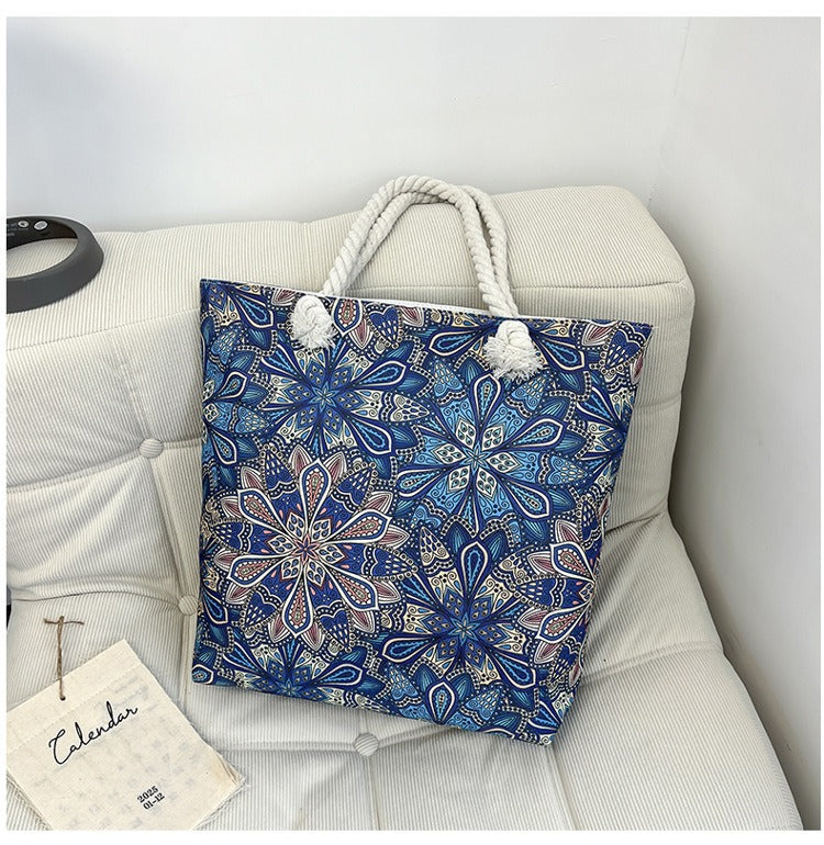 Bohemian Paisley Print Canvas Beach Tote Bag - Large Capacity Summer Vacation Travel Handbag with Rope Handles