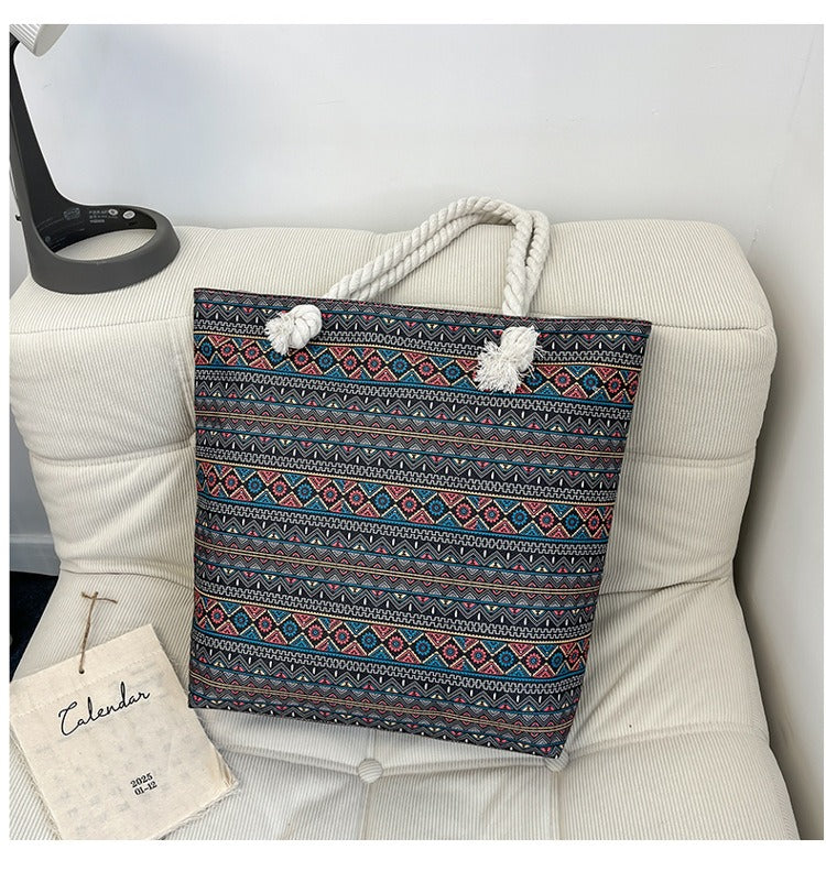 Bohemian Paisley Print Canvas Beach Tote Bag - Large Capacity Summer Vacation Travel Handbag with Rope Handles