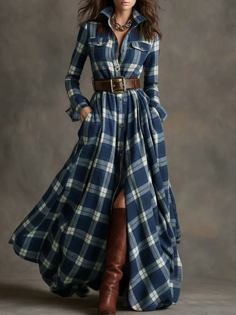 Robe longue à carreaux à manches longues pour femme - Robe chemise vintage à carreaux écossais avec poches
