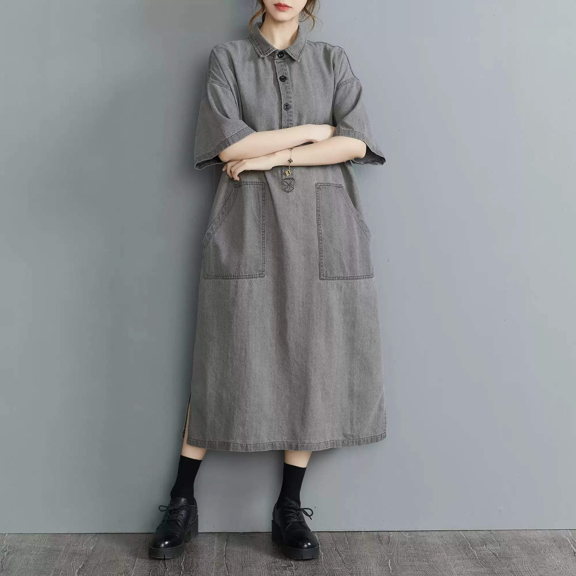 Vintage Oversized Grey Denim Dress for Women - Artsy Button-Down Polo Neck Dress
