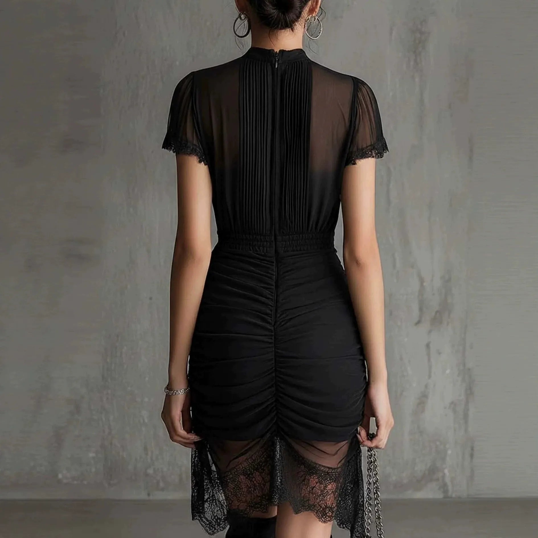 Promise Gift Women's Black Mesh Mini Dress - Sexy Mock Neck Ruched Slit Dress