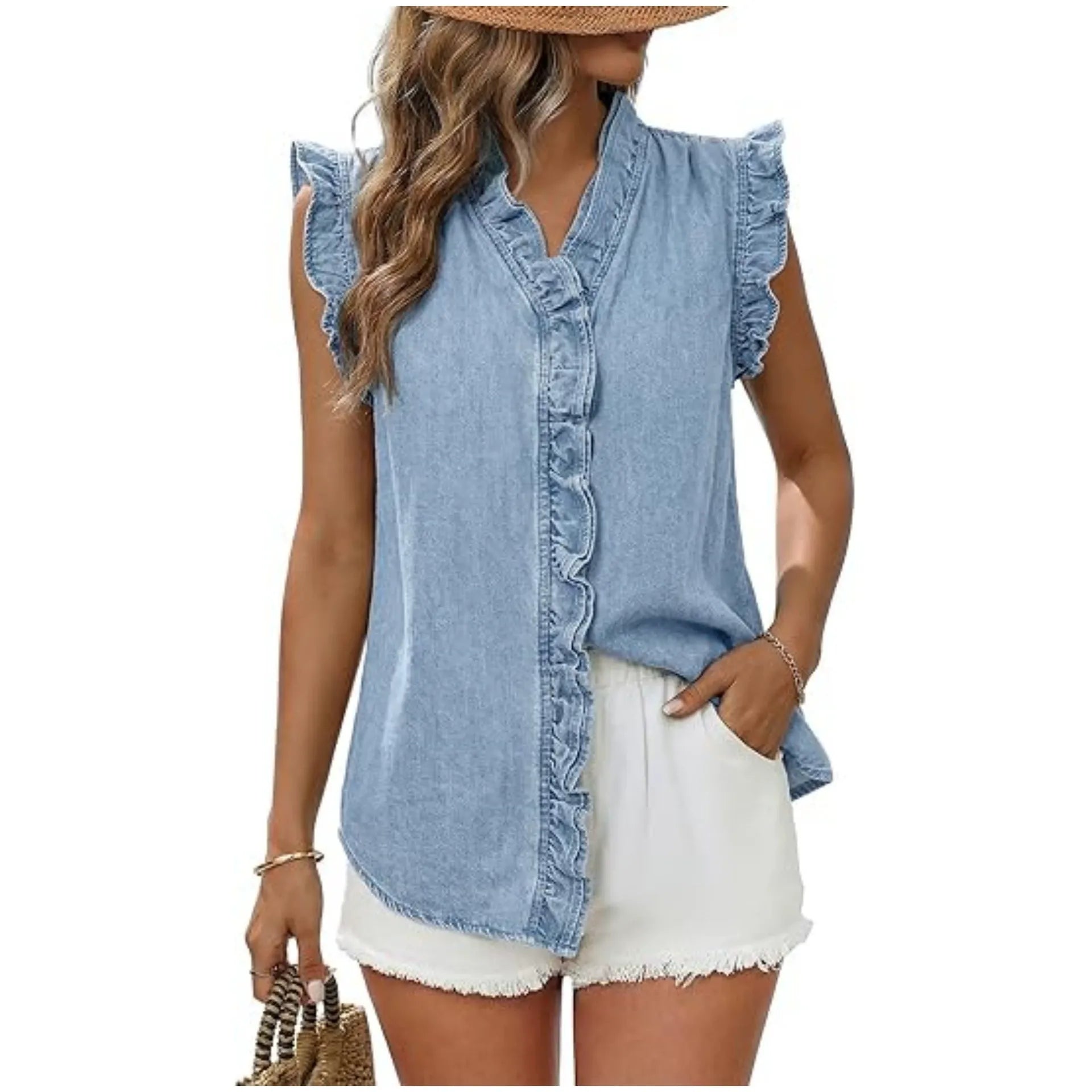 Women's Ruffle Sleeveless Denim Shirt | Casual Washed Blue Jean Tank Top with Frill Trim V-Neck