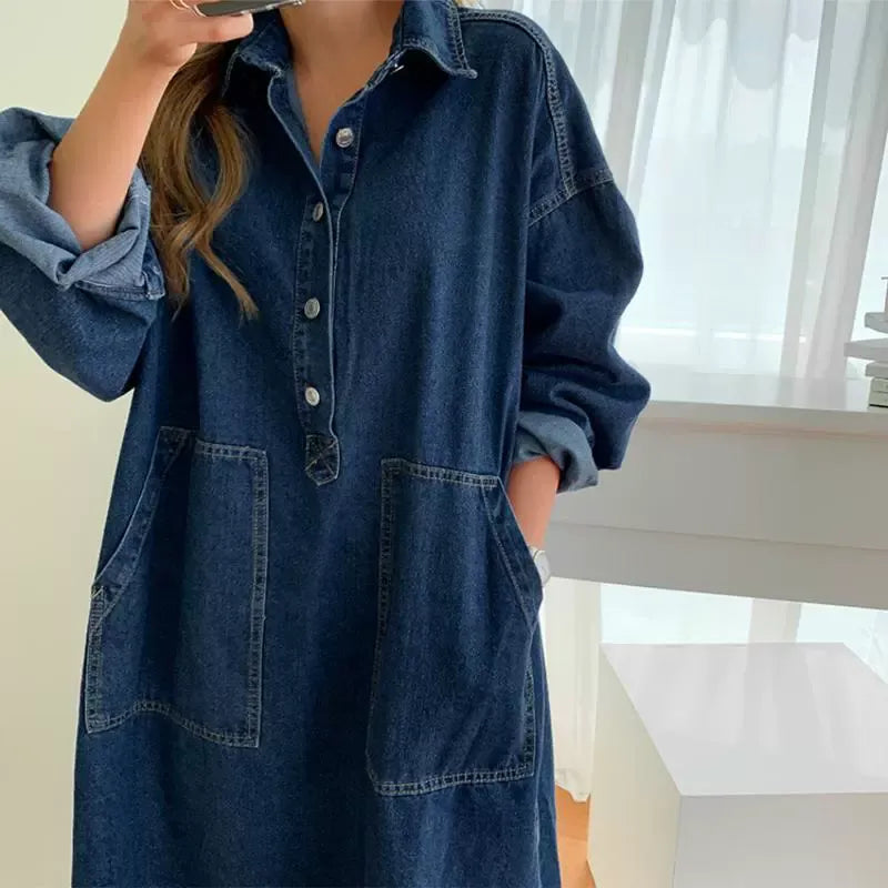 Women's Oversized Denim Shirt Dress | Casual Long Sleeve Washed Jean Side Split Maxi Gown