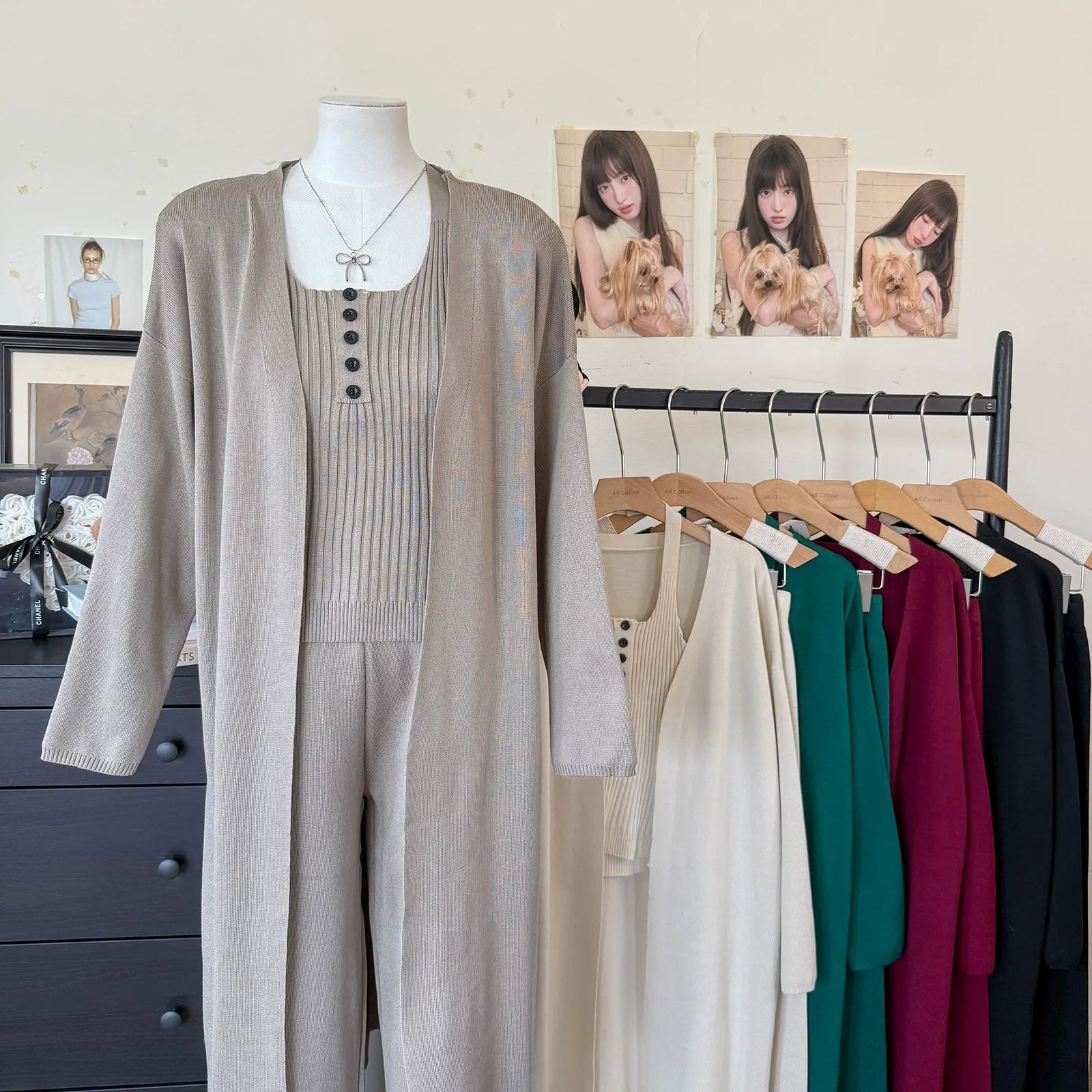 Ribbed Slimming Knit 3-Piece Set | Open Front Long Cardigan Button Square Neck Cami & Wide Leg Pants Suit