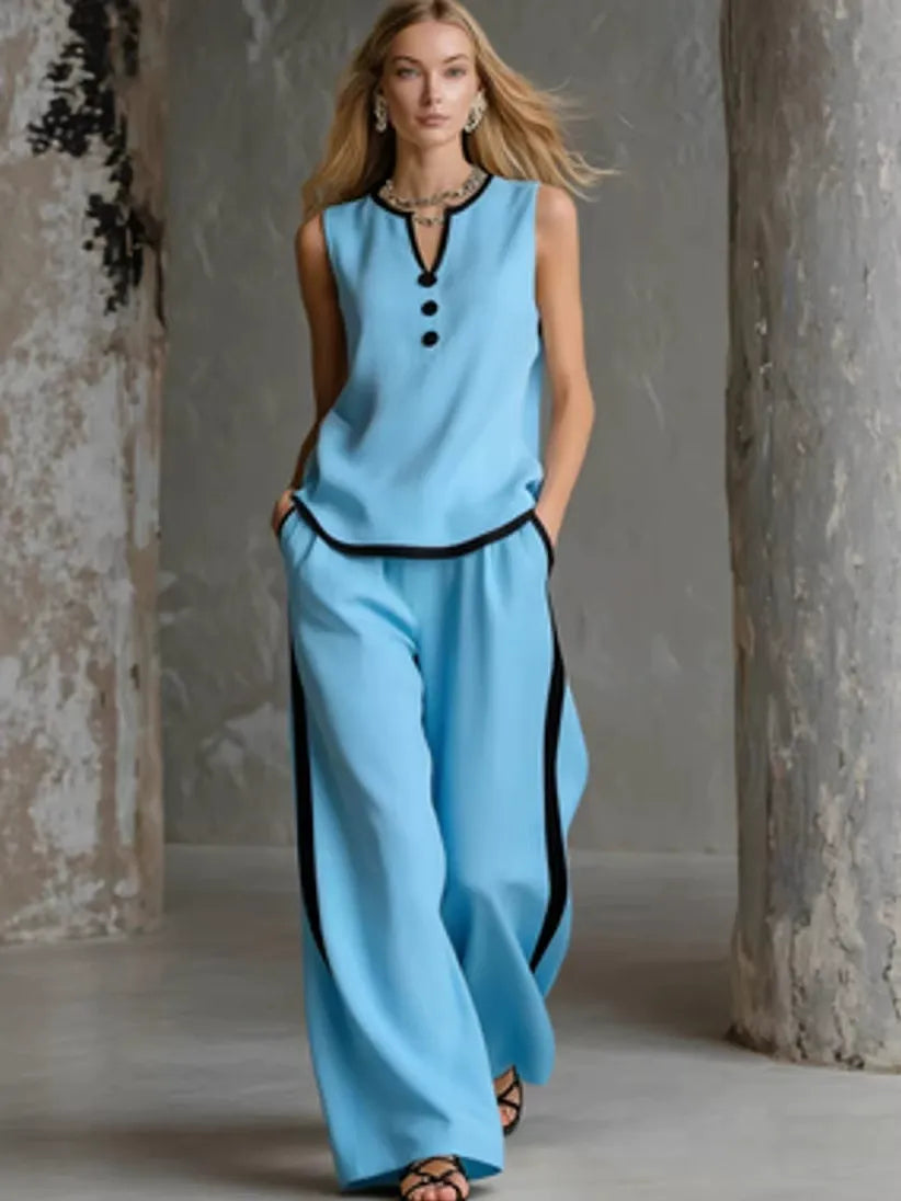 Chic Contrast Trim Knit Lounge Set - Sleeveless V-Neck Tank Top & High-Waist Wide Leg Pants 2-Piece Set