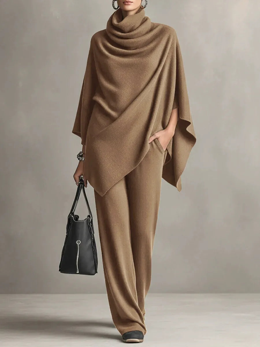 Elegant Cowl Neck Poncho & Wide-Leg Pants 2-Piece Knit Set