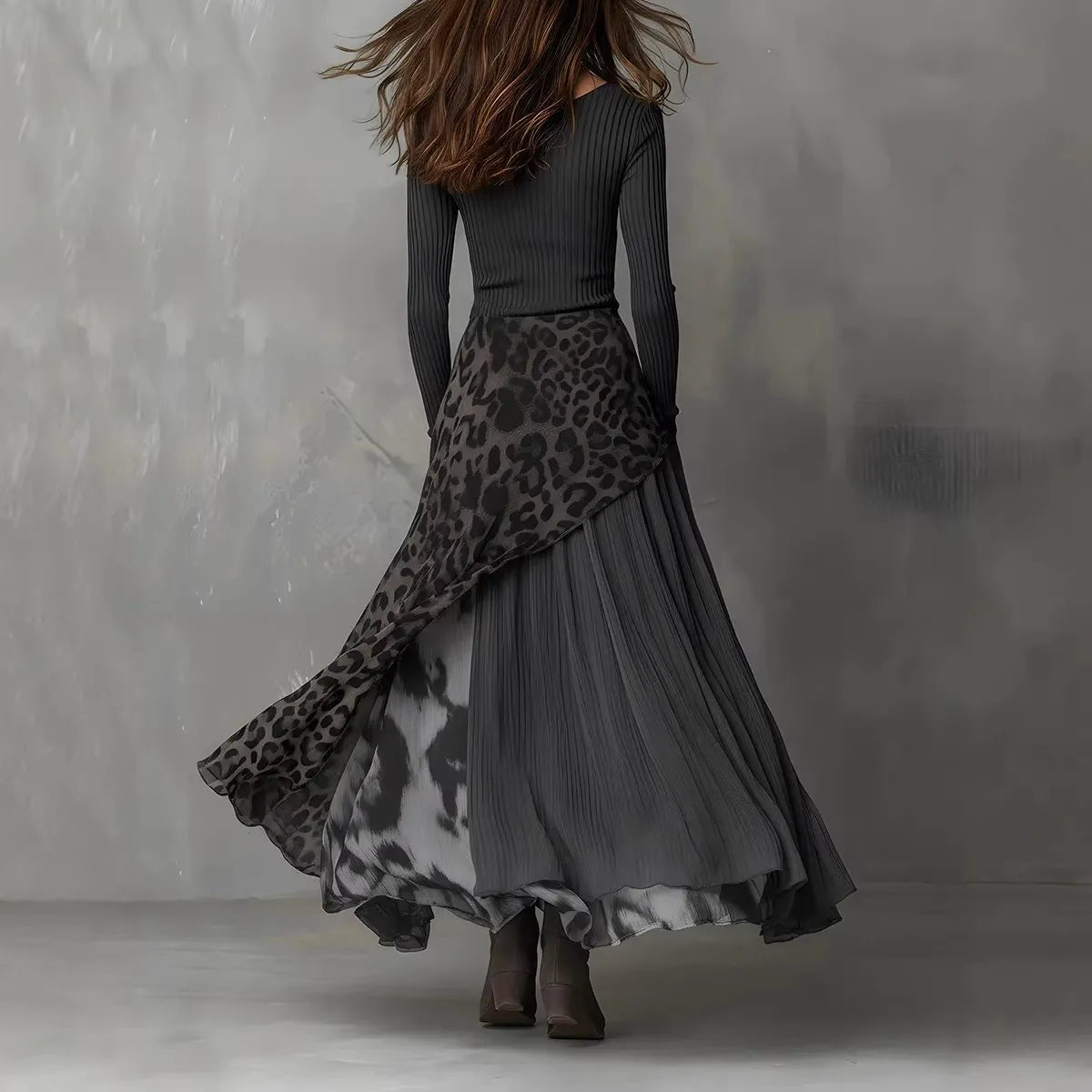 Ribbed Knit Splice Long Dress | Elegant High Waist Asymmetric Leopard Holiday Dress