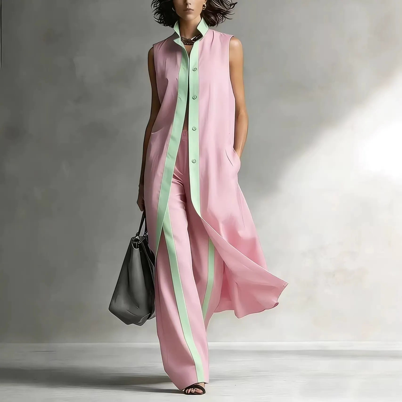 Women's Color Block 2-Piece Lounge Set | Casual Longline Sleeveless Cardigan & Wide Leg Pants Suit
