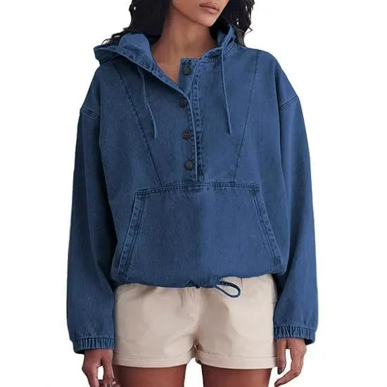 Retro Light Wash Denim Hooded Sweatshirt for Women - Loose Fit Drawstring Hem Jean Pullover Top