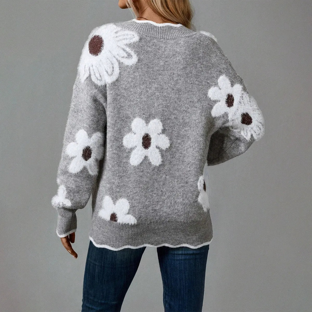 Women's Floral Eyelash Knit Sweater | Casual V-Neck Long Sleeve Fuzzy Pullover Jumper