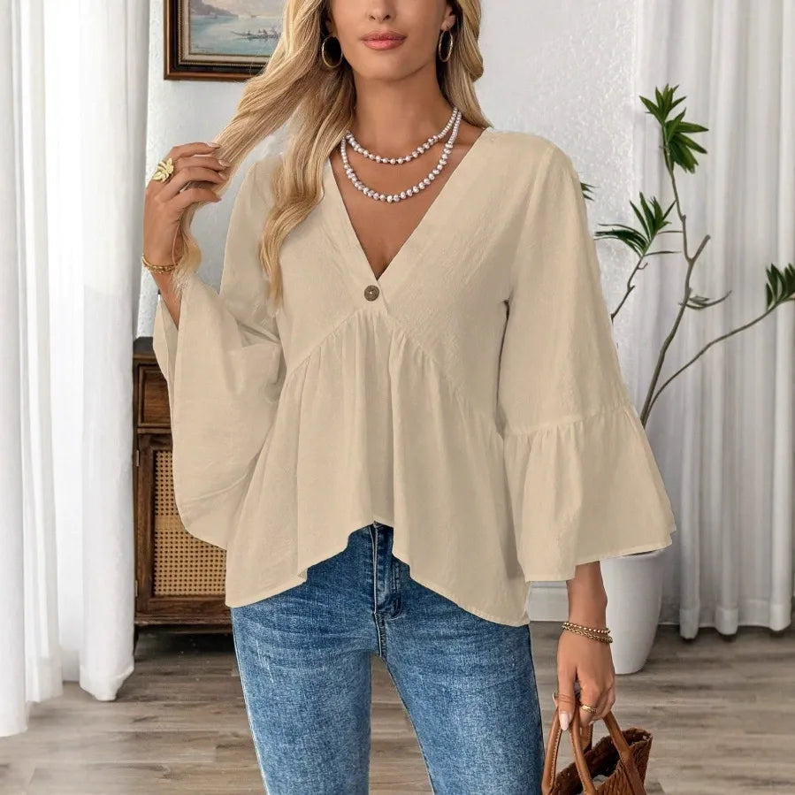 Cotton V-Neck Blouse | Flare Ruffle Sleeve Casual Flowy Babydoll Shirt Top