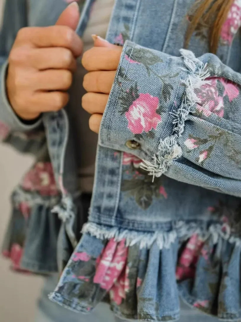 Vintage Rose Print Denim Blouse for Women - Elegant Flounce Trim Loose Fit Top