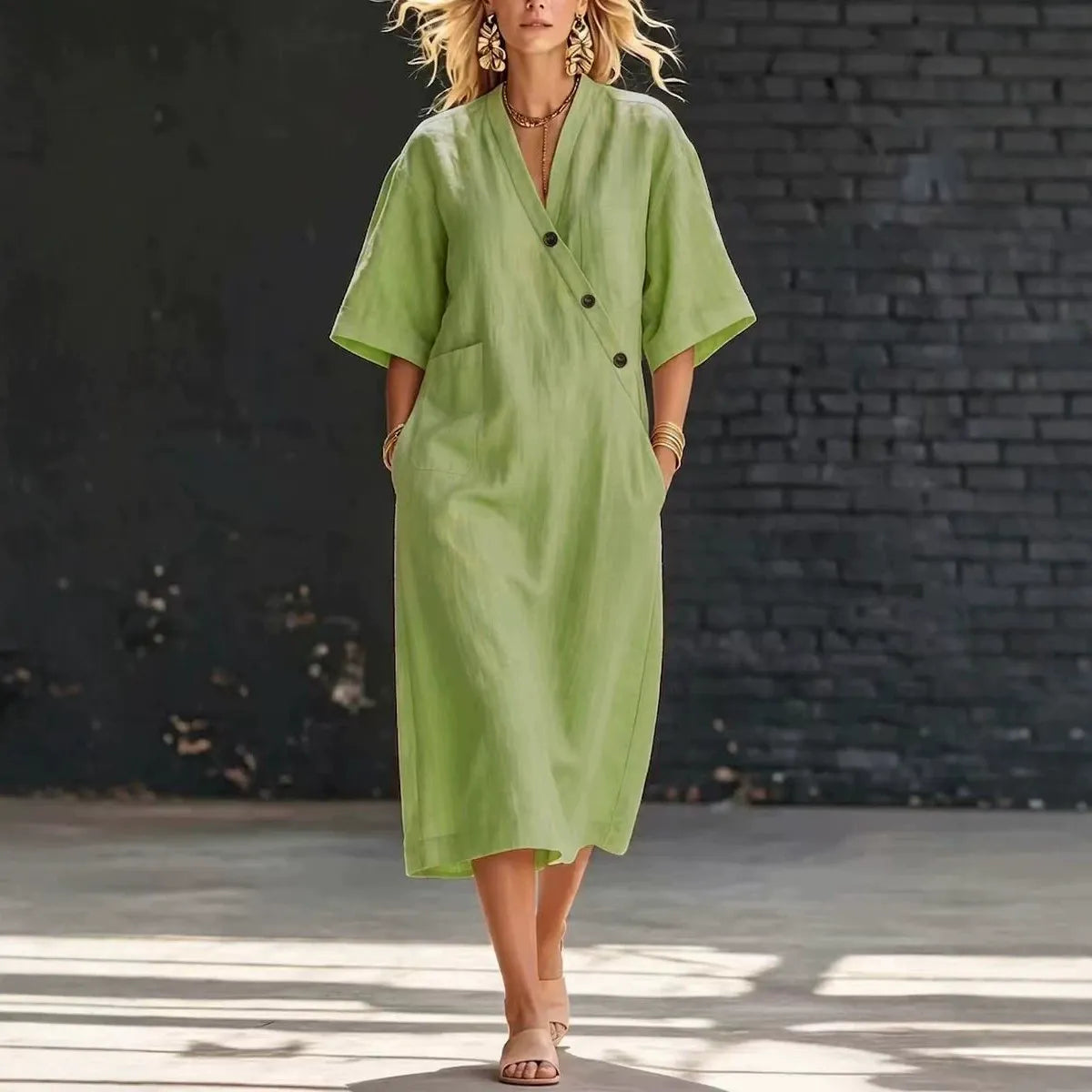 Minimalist Dusty Pink Summer Dress for Women – Chic Side Button Shift Dress, Breezy Boho Vacation Linen-Look Midi