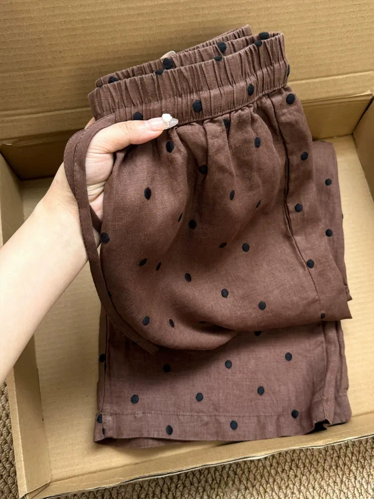 Vintage Polka Dot Embroidered Linen Pants | Casual High Waist Drawstring Loose Wide Leg Trousers