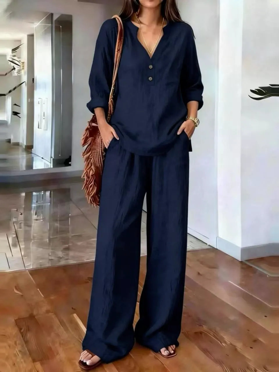 Ensembles deux pièces en mélange de lin pour femme – Haut tunique à manches longues avec col Henley en V et pantalon large, Ensemble coordonné décontracté pour les vacances d'été