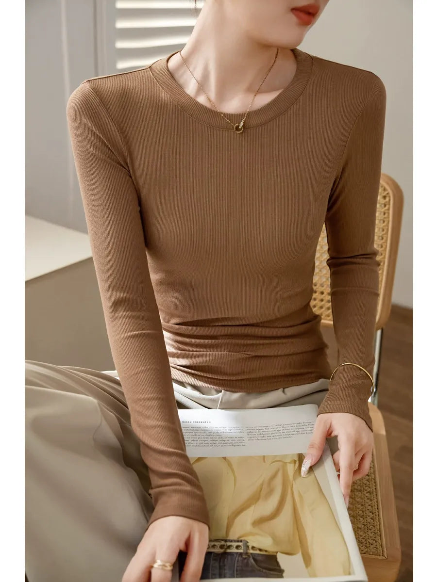 Premium High-Stretch Ribbed Crewneck Top - Slim Fit Classic Long Sleeve T-Shirt Layering Base Layer