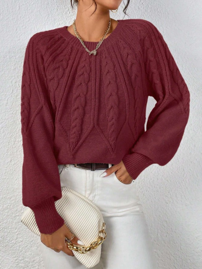 Women's Cable Knit Pullover Sweater | Casual Round Neck Long Sleeve Ribbed Jumper Top