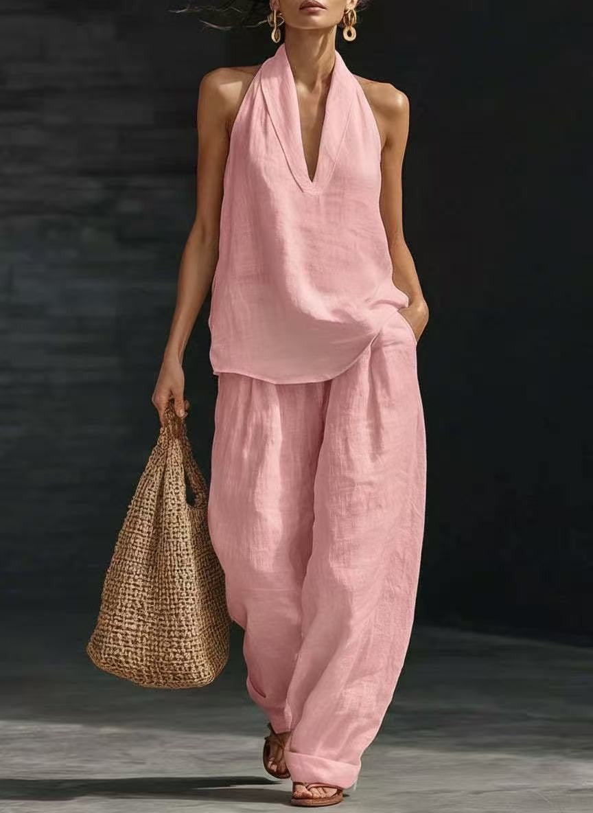 Ensembles deux pièces en mélange de lin pour femmes – Haut court licou sexy à col en V profond et pantalon large lanterne, ensemble coordonné décontracté pour les vacances d'été