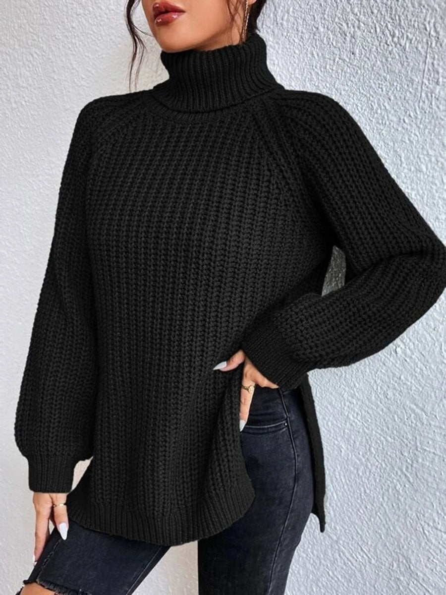 Women's Turtle Neck Ribbed Knit Sweater | Casual Long Sleeve Side Split Tunic Gown