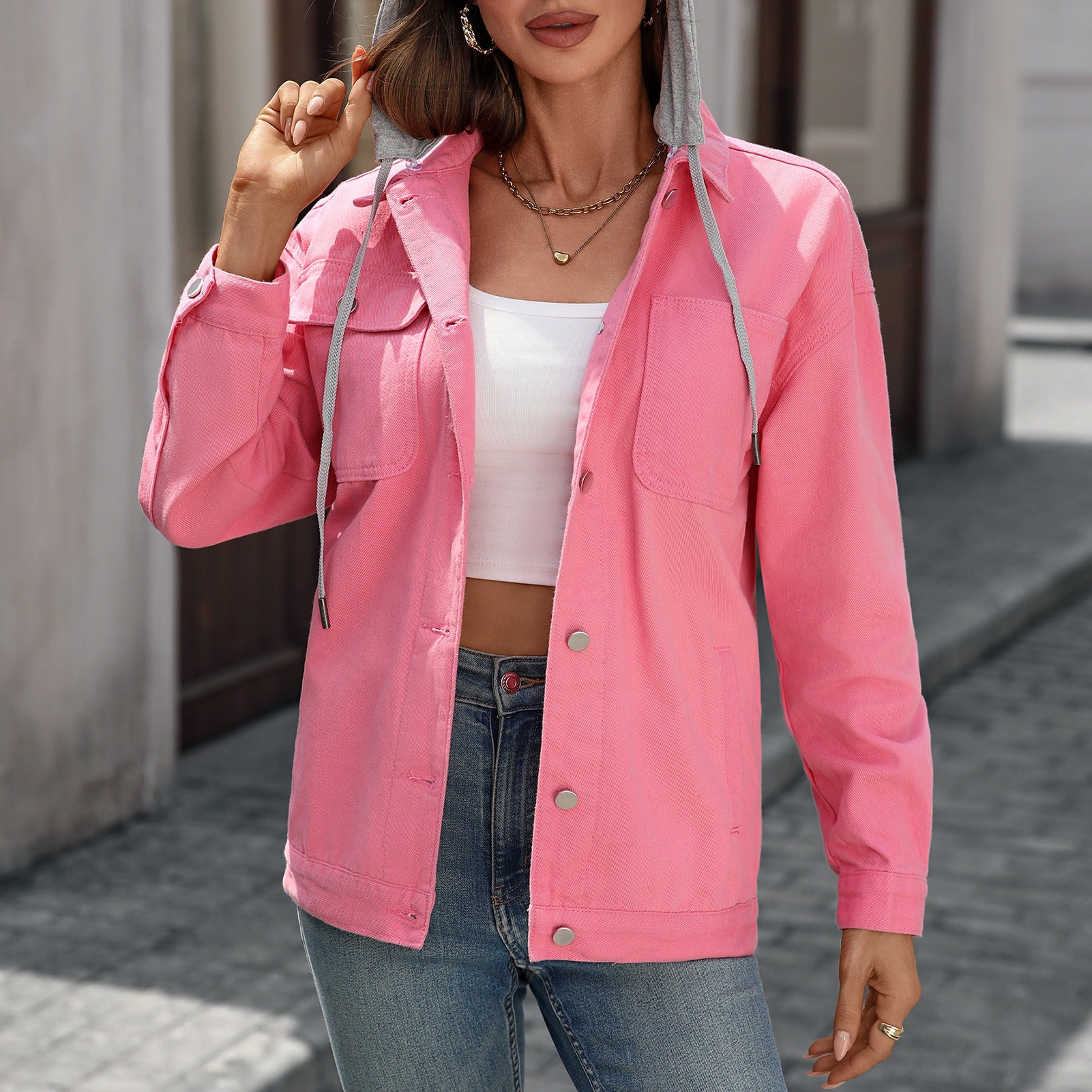 Classic Denim Shacket for Women - Retro Button-Down Long Sleeve Outerwear Jacket