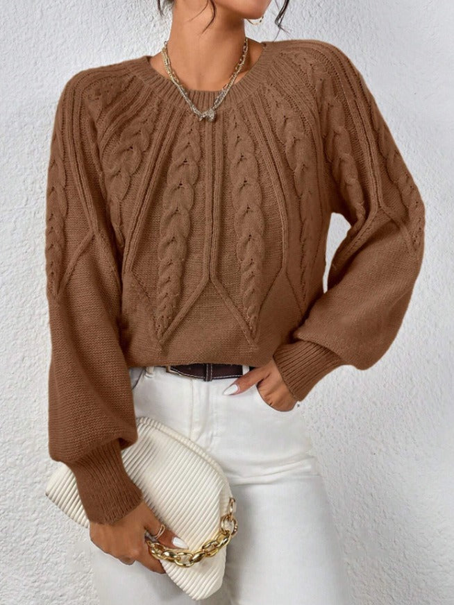 Women's Cable Knit Pullover Sweater | Casual Round Neck Long Sleeve Ribbed Jumper Top