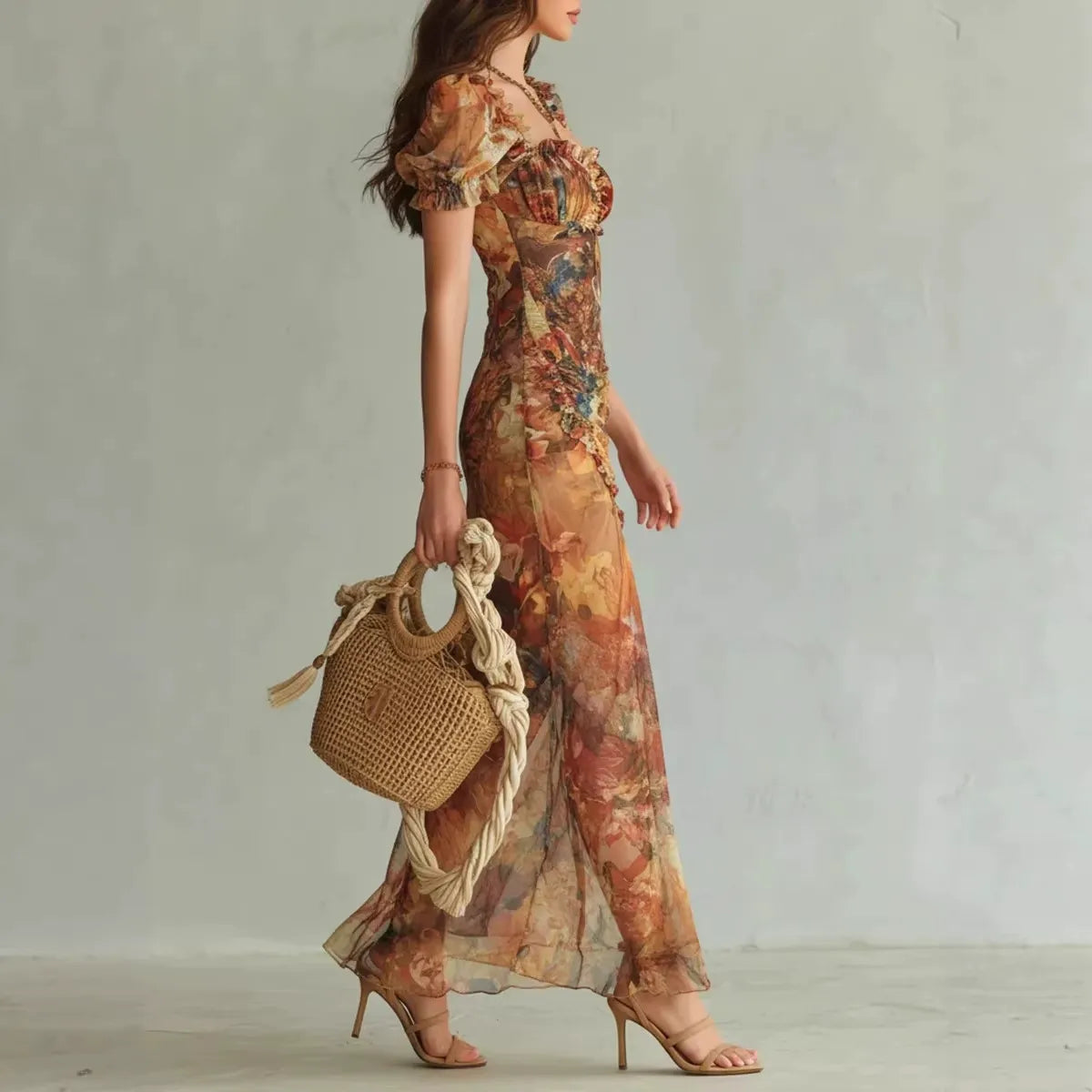 Robe longue en mousseline florale bohème pour femme – Robe fendue froncée à encolure en cœur