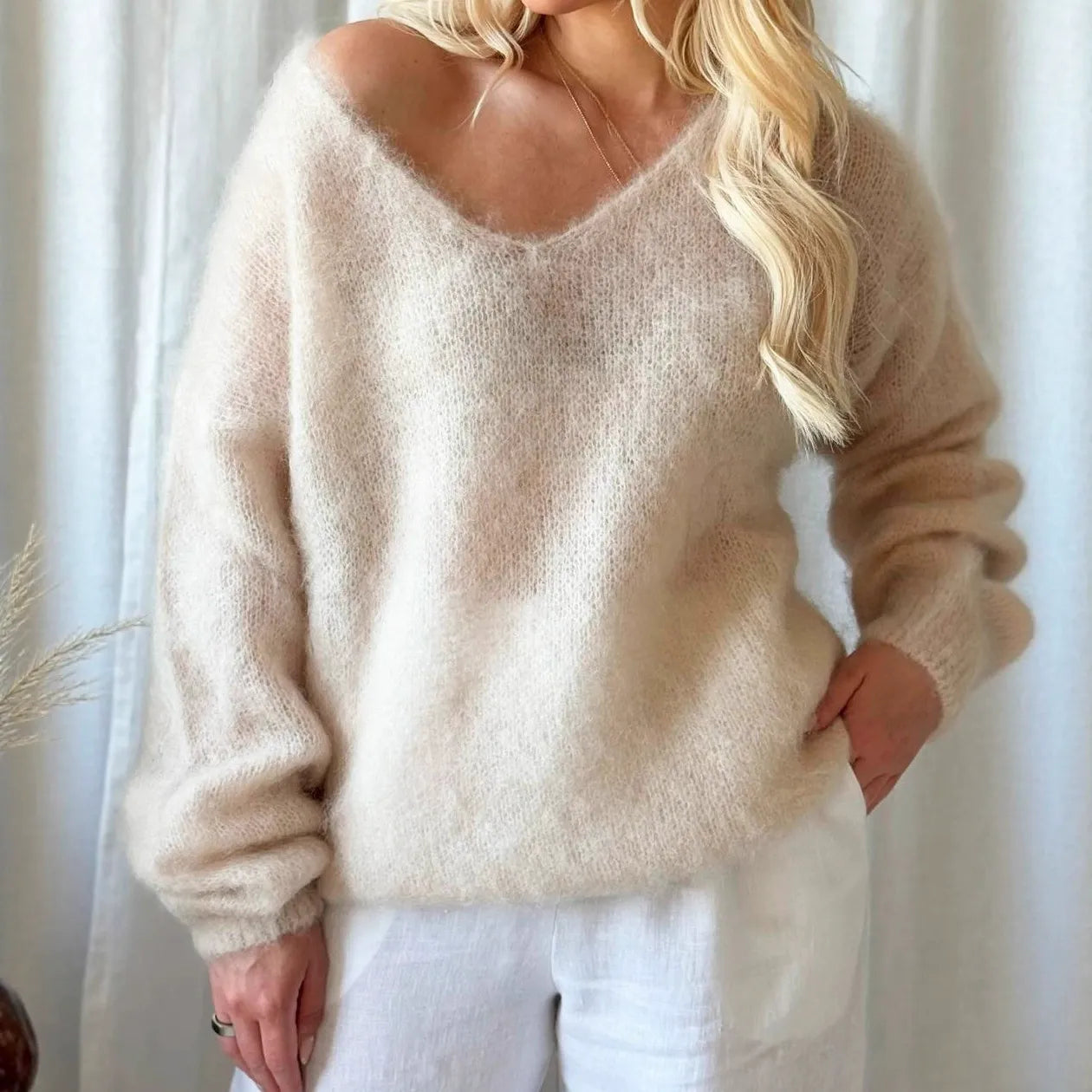Women's Fuzzy Mohair-Like Knit Sweater | Casual V-Neck Long Sleeve Fluffy Pullover Top