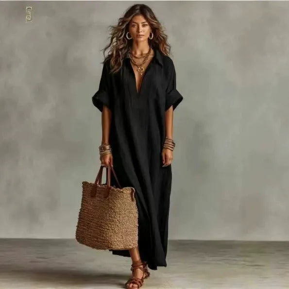 Women's Minimalist Linen-Look Maxi Dress | Casual Polo Collar Roll-Up Short Sleeve Kaftan
